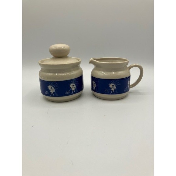 Vintage Creamer and Sugar‎ Bowl Set Stoneware Blue When It Rains It Pours Japan - Picture 1 of 6